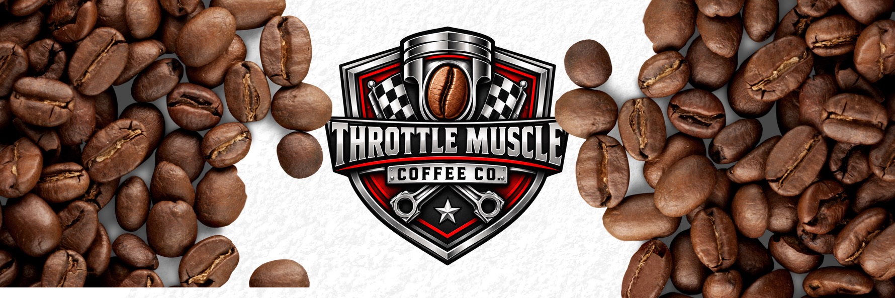 Throttle Muscle Coffee Co. logo on a bed of roasted coffee beans